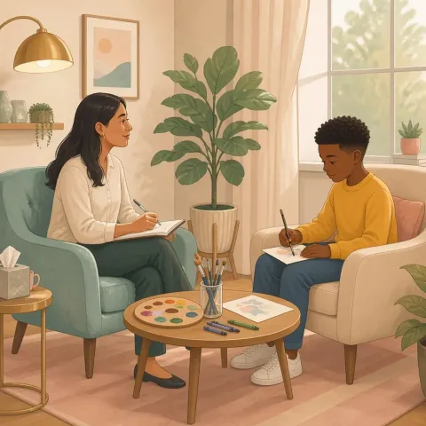 Sessão de arteterapia com materiais de pintura