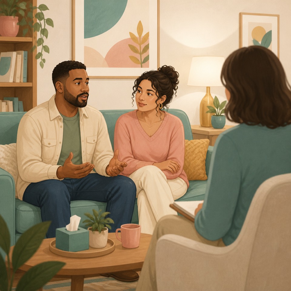 Sessão de terapia de casal em ambiente acolhedor